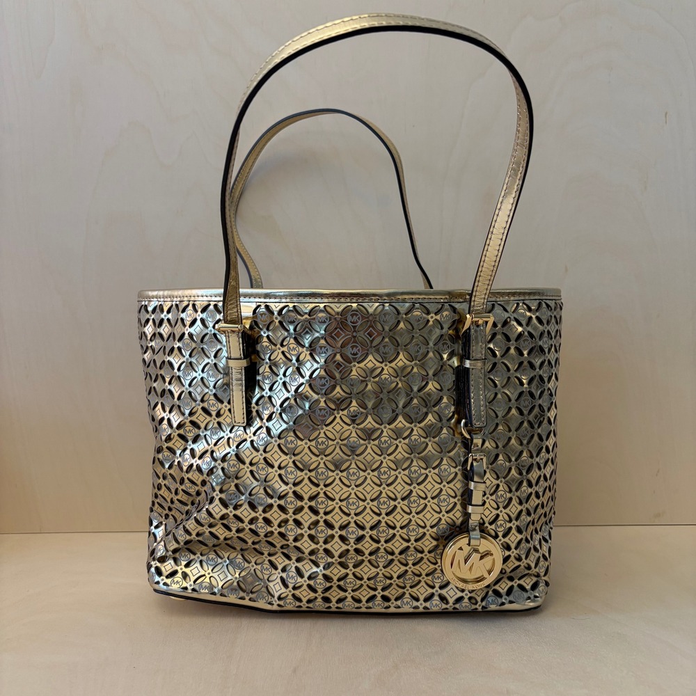 Michael Kors Jet Set Tote Womens Gold Laser Cut MK Logo Charm Handbag & Dust Bag